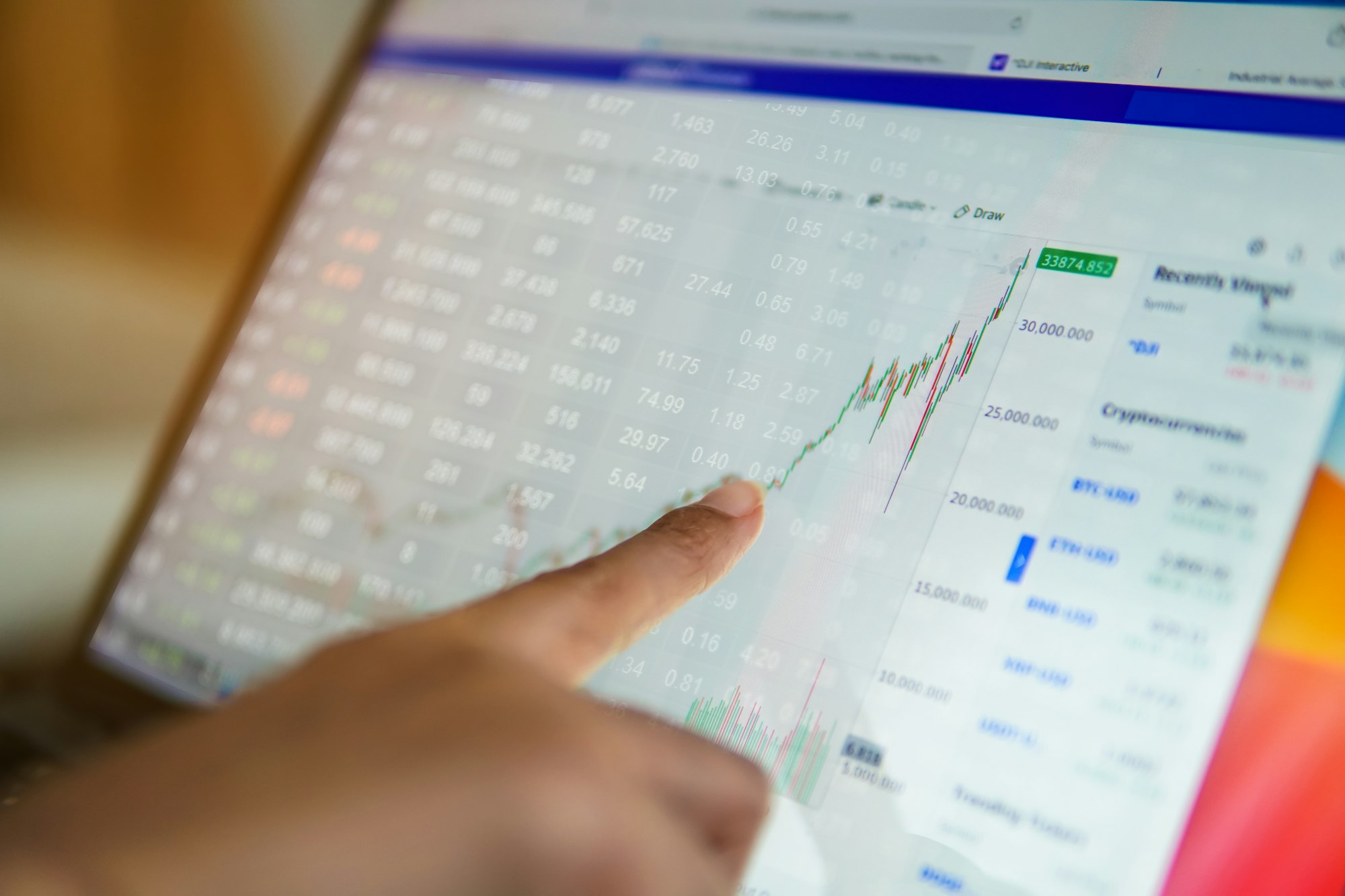 People touch stock graph on screen, concept of stock analysis, business stock